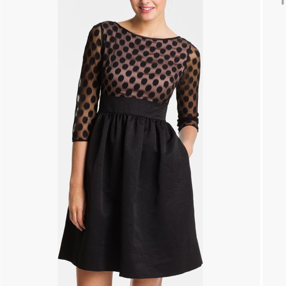 Eliza J Dot Mesh Bodice Fit and Flare Dress
